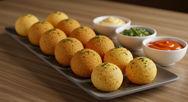 A long plate with mini coxinhas and bolinhas de queijo side by side, sprinkled with parsley, ready to serve with dipping sauces