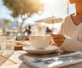 Enjoying a warm cup of coffee at a sunny outdoor cafe during breakfast hours
