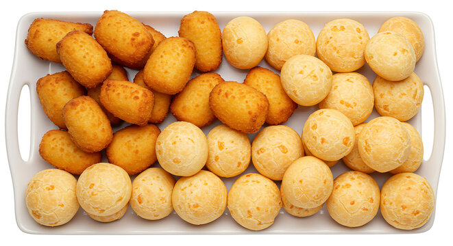 A tray of assorted savory pastries including risoles, bolinhas de queijo, and mini kibes, perfectly arranged, isolated.