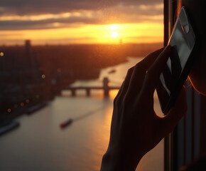 Sunset view over the river while talking on the phone in the city skyline