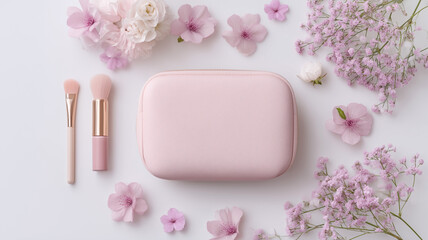 Soft pastel flat lay with pink makeup bag and floral touches, ideal for minimalist beauty blog cover design use
