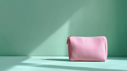 Softly lit minimalist pink makeup bag on pale mint green background with clean space ideal for stylish cosmetic and beauty advertisements