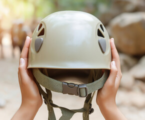 Hands hold a light-colored helmet in a natural outdoor setting during daytime