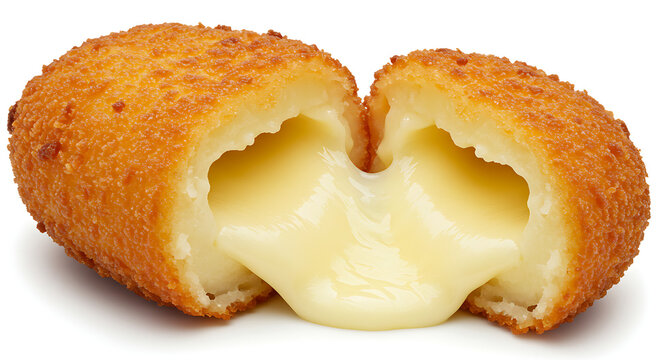 Close-up of a cheese rissole split open showing melted cheese oozing out, isolated on white background