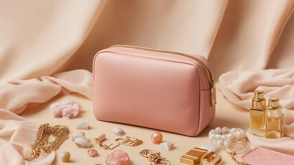 Trendy flat lay of pink cosmetic bag with subtle neutral accessories on pastel backdrop, perfect for beauty and lifestyle blogging