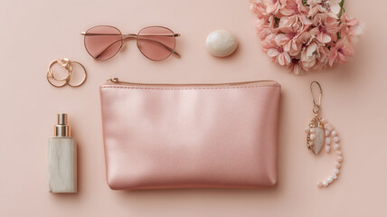 Beautiful flat lay of pink cosmetic bag with neutral accessories on pastel backdrop, great for fashion blog posts and visual storytelling