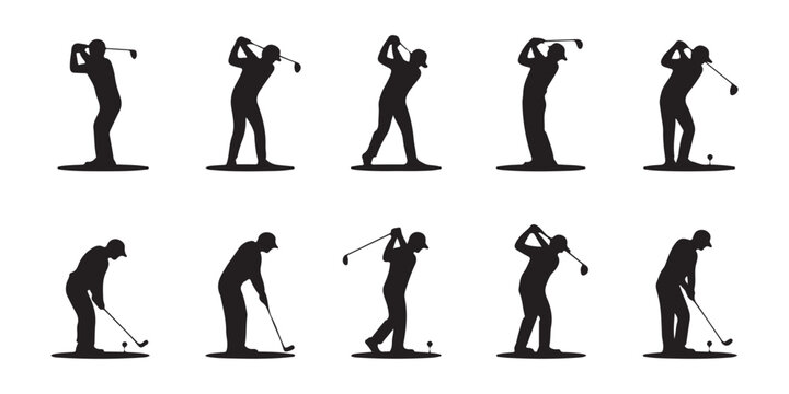 Golfers in Action: Silhouette Collection of Diverse Swing Positions, A collection of black silhouette illustrations of golfers in various swing positions, from backswing to downswing vector art