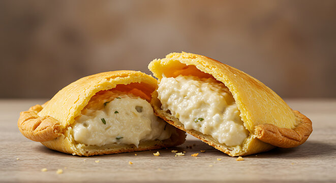An open empada with creamy heart of palm filling visible, buttery crust crumbling slightly