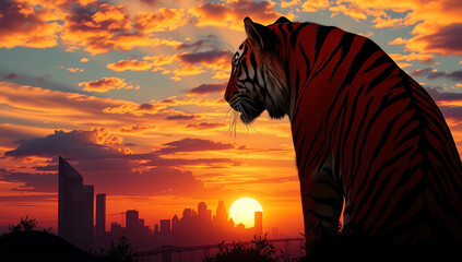 Tiger looking at cityscape at sunset or dusk. Animal photography.