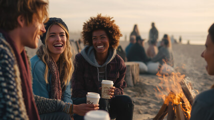 Candid moment of friends laughing with McCafe cups by beach bonfire under sunny sky, relaxed vacation vibe with warm social energy