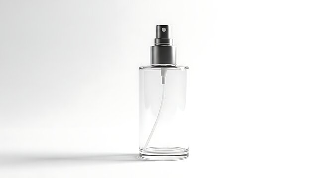 Clear spray bottle with black nozzle on white background