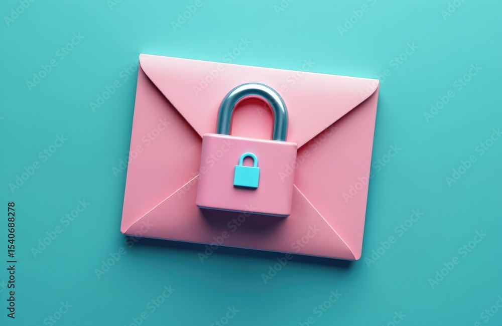 Poster digital lock symbol illustration with pink envelope on blue background. represents secure email comm