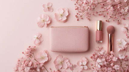 Delicate pink cosmetic bag and floral details in pastel-themed flat lay perfect for elegant beauty blog headers