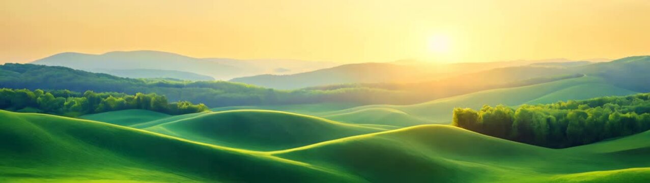 Mountains with green grass and trees in the foreground at sunset nature background banner