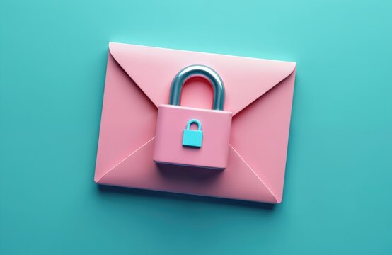 Digital lock symbol illustration with pink envelope on blue background. Represents secure email communication in online environments. Concept privacy protection, data security, web, cyberspace.