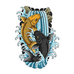 Two Koi fish leap a waterfall, vibrant colors, stylized art.