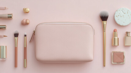 Fashionable pink cosmetic bag flat lay with neutral-toned beauty accessories on soft pastel background for creative blog visuals