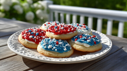 Patriotic Red, White, and Blue Round Cookies on a Tray in Morning Sunshine Under a Maple Tree