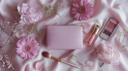 Flat lay beauty scene in soft pastels with pink cosmetic bag and flowers for clean and stylish blog visuals