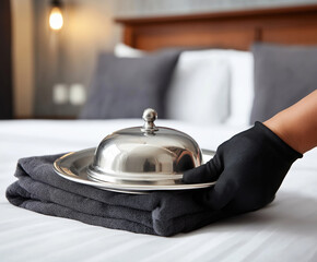 Service staff delivering meal on tray in hotel room with neatly arranged linens