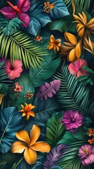 Flowers and foliage background. Tropical leaves and colorful flowers on dark foliage nature background.