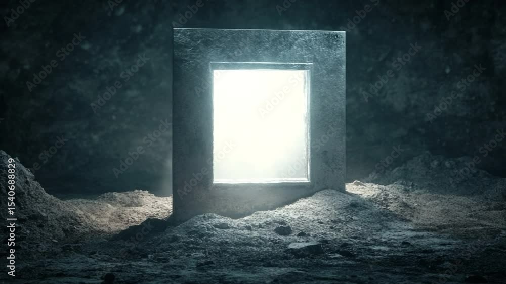 Poster Mysterious Portal in Stone: A captivating scene unfolds, showcasing a luminous portal set within a weathered stone structure. This image evokes a sense of mystery and the allure of the unknown.