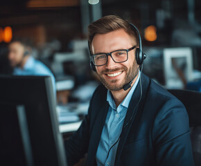 Professional man in headset smiling while working at a desk in an office environment