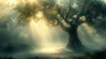 Majestic Ancient Tree Silhouetted by Ethereal Morning Light Rays