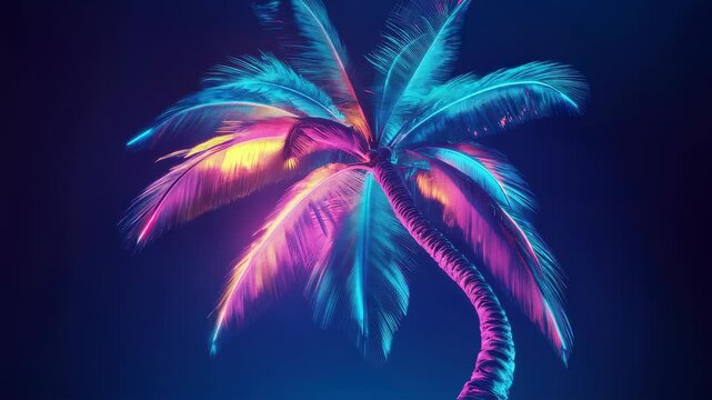 Colorful neon palm tree swaying in night breeze, illuminated tropical vibes in vibrant blues and pinks