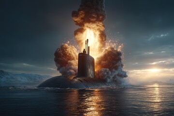 Nuclear war. Launch of a nuclear ballistic intercontinental missile from submarine. A nuclear weapon rises from the submarine, symbolizing the devastating potential of military technology.