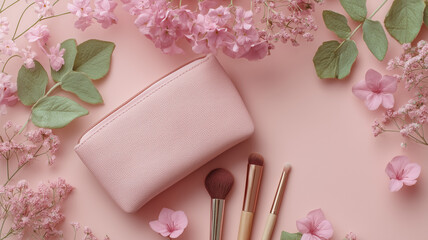 Light and airy flat lay of pink cosmetic bag with florals on pastel background for feminine design and blog headers
