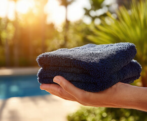 Soft dark towels held by a hand near a serene pool under warm sunlight in a lush garden