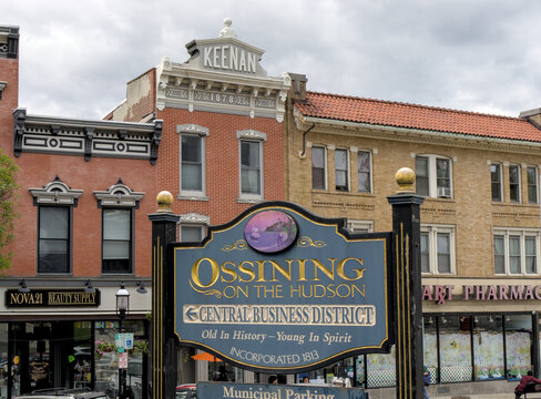 View of main street, downtown Ossining on the Hudson, New York with buildings in the background.