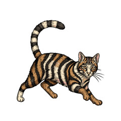 Obraz premium Illustration of a striped cat in a dynamic pose, with its tail raised, against a white background.