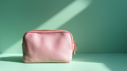 Minimalist pink makeup bag resting on pale mint green surface with soft natural light, offering ample copy space for elegant product promotions