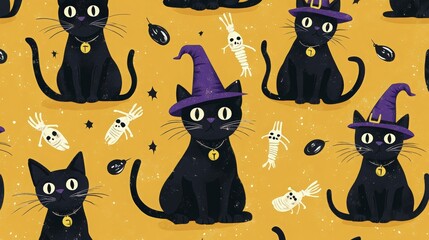 A Halloween themed pattern featuring black cats with hats and spooky decorations