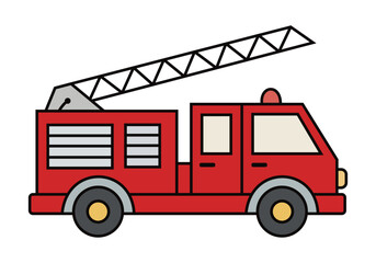 Red fire truck icon illustration, a classic emergency vehicle with an extendable ladder, perfect for children's books, safety lessons, and community service graphics