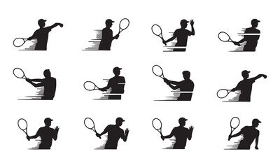 Dynamic Tennis Player Silhouettes in Action, A collection of dynamic silhouettes of tennis players in various action shots vector art on white