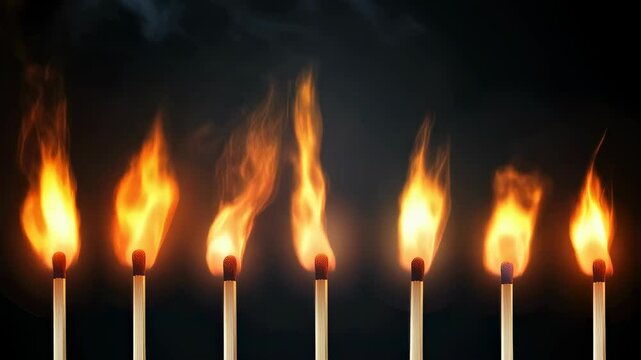 Sequential ignition of matches creating a dramatic fiery cascade over dark background