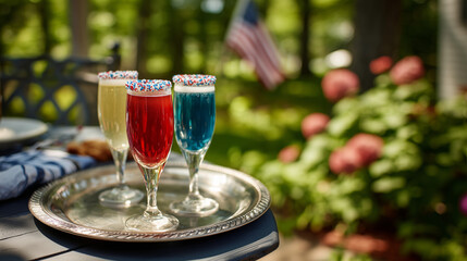 Patriotic Red, White & Blue USA-Themed Cocktails on Tray with Icing under Maple Tree in Morning Sunshine