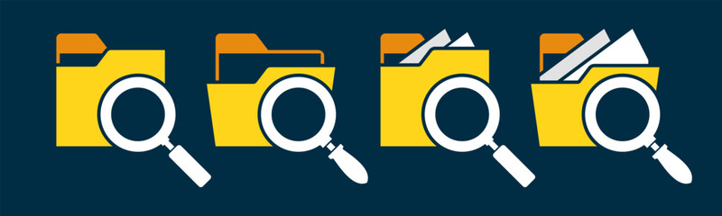 Close and open folders documents icons vector illustration set. In full color version. Folder and magnifying glass icons and symbols. © fajarcome