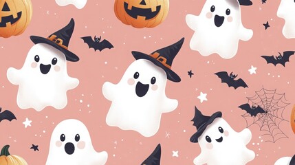 Adorable Halloween Pattern Featuring Cute Ghosts, Bats, Pumpkins, and Stars on Pink Background