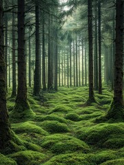 Naklejka premium enchanting scandinavian forest landscape with ancient pine trees covered in thick green moss, mystical nordic wilderness photography