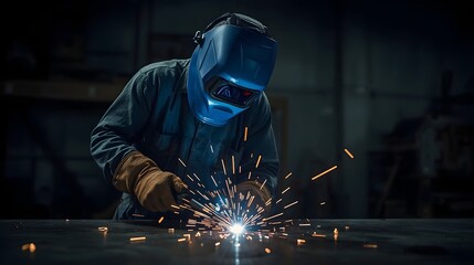 Professional Welder at Work: Dynamic Industrial Welding Scene with Glowing Sparks, Ideal for business websites, safety training materials, and industrial equipment promotions showcasing skilled labor