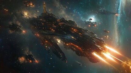 A futuristic spaceship battle in the depths of space, with laser beams and explosions lighting up the darkness
