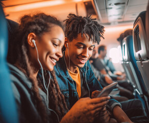 Young travelers enjoying entertainment together on a flight in a modern airplane