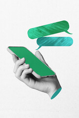 Exclusive image vertical photo collage of hand hold phone screen bubble communication speech...