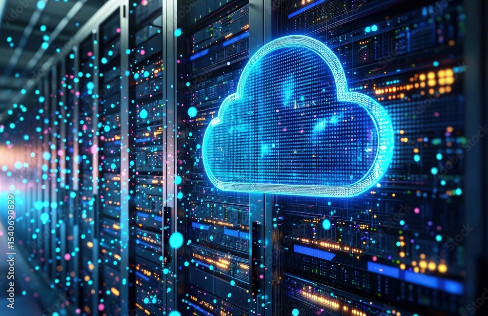 Aufkleber Digital cloud icon emitting data streams inside a high-tech server room, ideal for cloud solutions, AI data systems, futuristic IT, and internet technology platforms