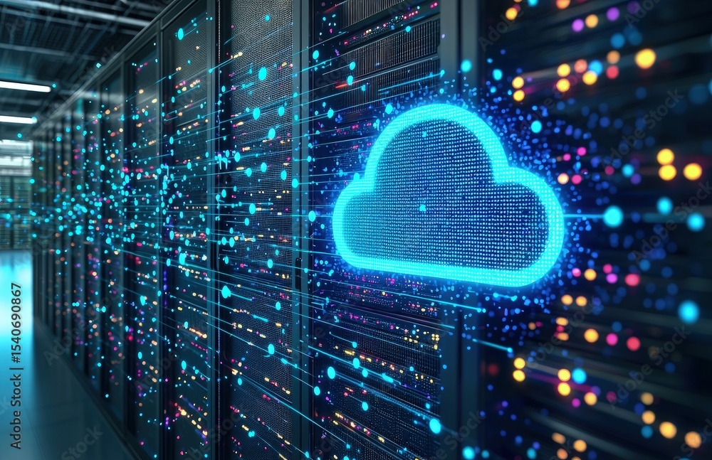 Poster glowing blue cloud icon floating in a vibrant data center aisle with digital particles, perfect for 