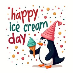 Cute Penguin Celebrating Happy Ice Cream Day